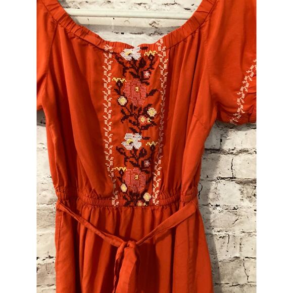 Old Navy Prairie Dress Womens Small Rust Orange Midi Embroidered Belted Flowy - Picture 6 of 14